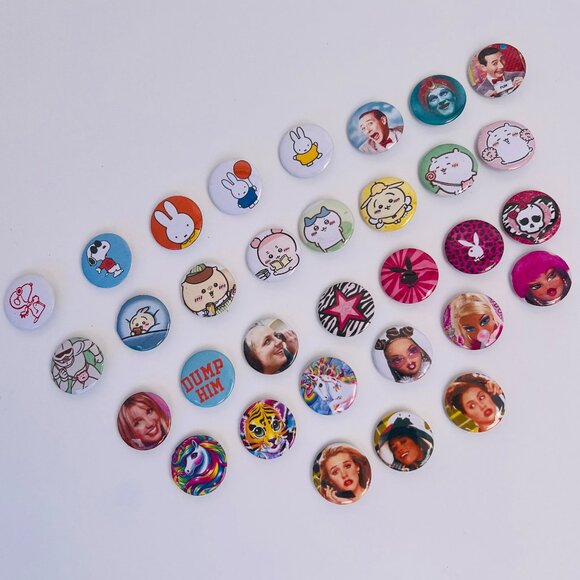(Set of 8) Pop Culture Mini 1" Button Pins Lapel Pins 80s 90s Y2K Kawaii Themes - Picture 1 of 12